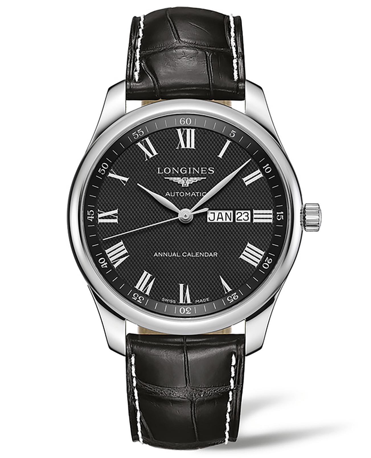 Longines Longines Master Collection L2.920.4.51.7  L29204517 механические мужские часы черный циферблат, браслет кожаный — вид спереди